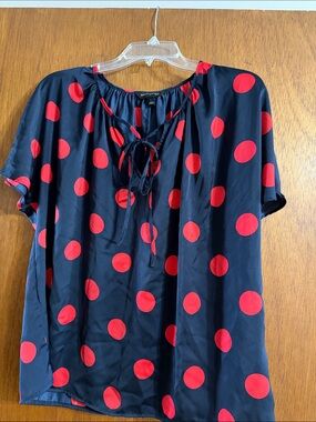 Banana Republic Navy and Red Polka Dot Tie-Neck Blouse